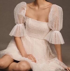 Watters Macaroon Square-Neck Tulle Pearl Mini Dress